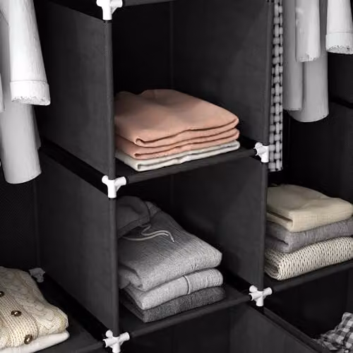 HOMCOM Black Fabric Wardrobe with Roll Shutter, Hanging Rod, Internal Shelves and Drawers – 7