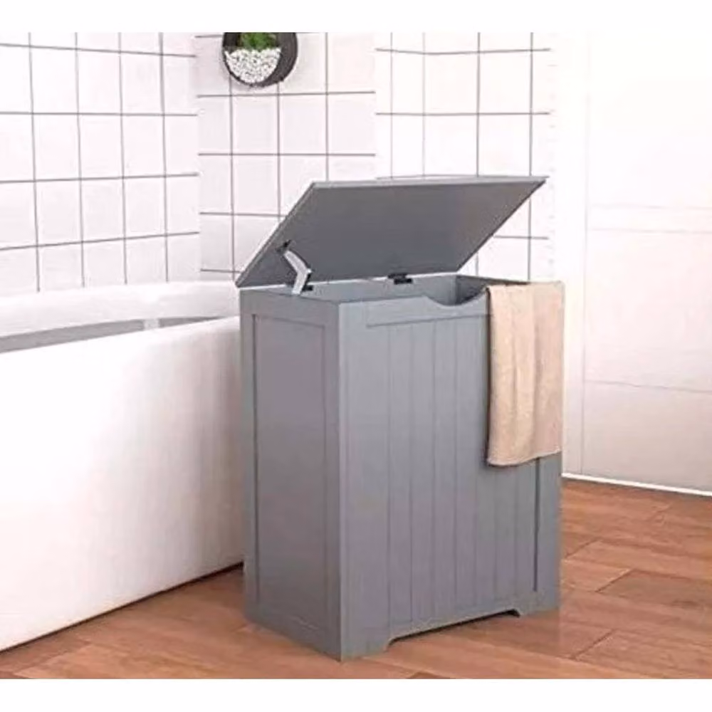 SPETLEK Grey Wooden Laundry Hamper Cabinet and Bathroom Storage Chest – 2