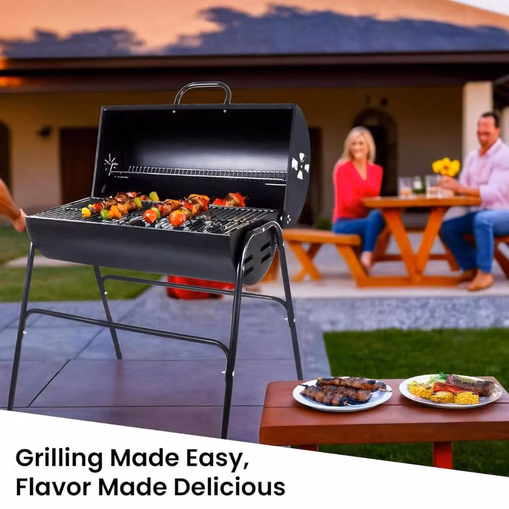 Trendi Charcoal BBQ Grill and Smoker Barrel Barbecue in Black with Warming Rack and Wheels – 5