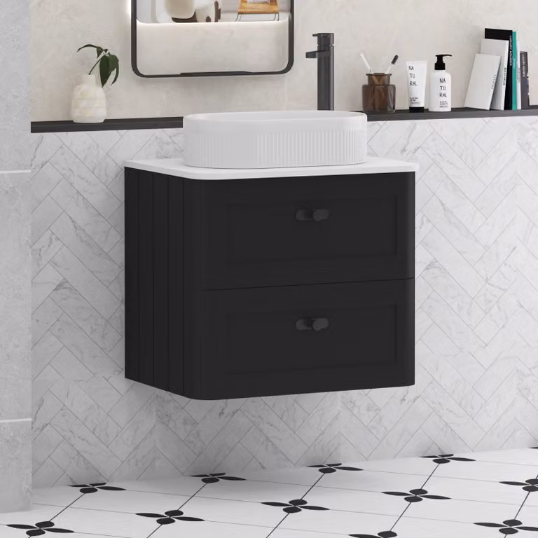 Royal Bathrooms Henley 600mm Matt Nocturne Black Wall Hung 2 Drawer Vanity Unit with Plain White Worktop, Lyon Basin and Matt Black Knob