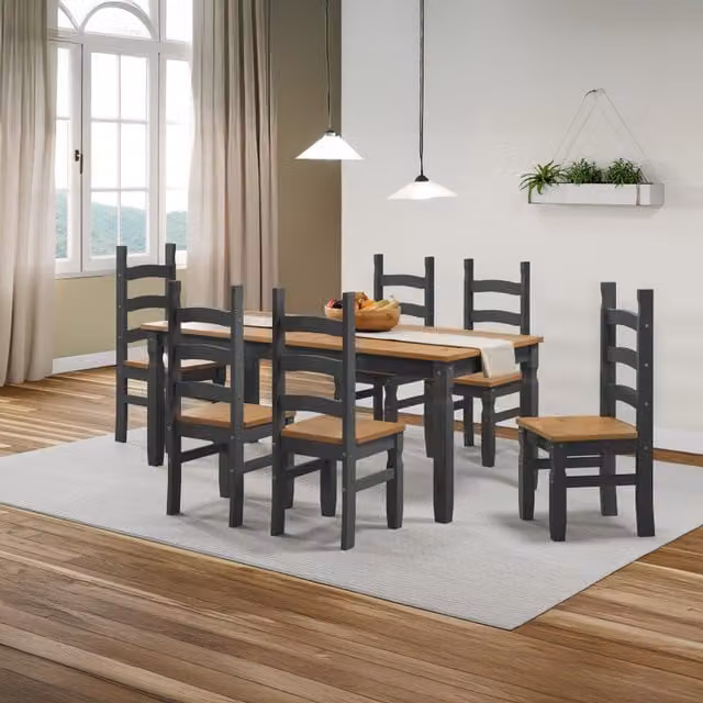 Mercers Furniture Corona Solid Wood Pine Dining Table and 6 Chairs Set in Charcoal Grey
