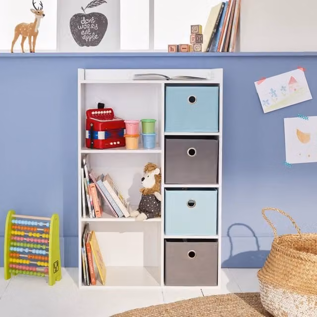 sweeek Scandinavian Style Storage Unit with 4 Baskets in Blue and White, W/D/H: 96 x 29.5 x 159 cm – 1