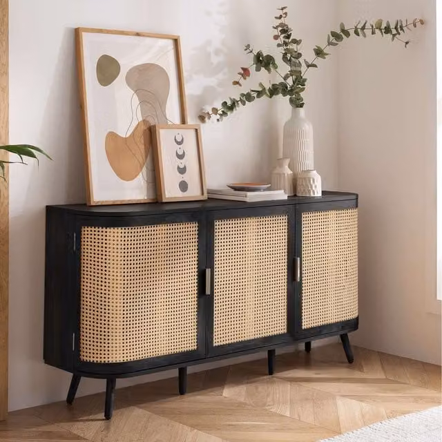 Birlea Sark 3 Door Rattan Sideboard Curved Black Cupboard