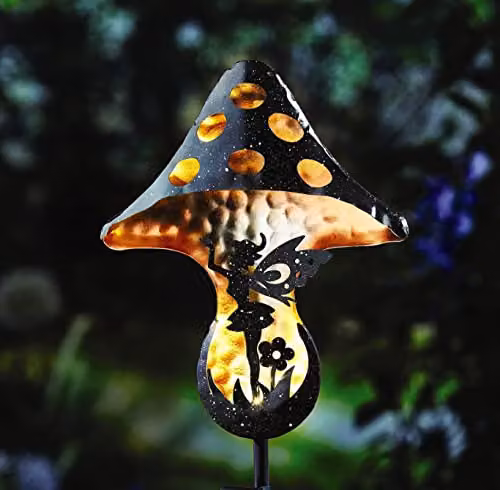 mysmartbuy Fairy Silhouette Toadstool Stake Light, Solar Powered Black Metal Outdoor Garden Decorative Lighting, H 86 x W 17.5 x D 11 cm