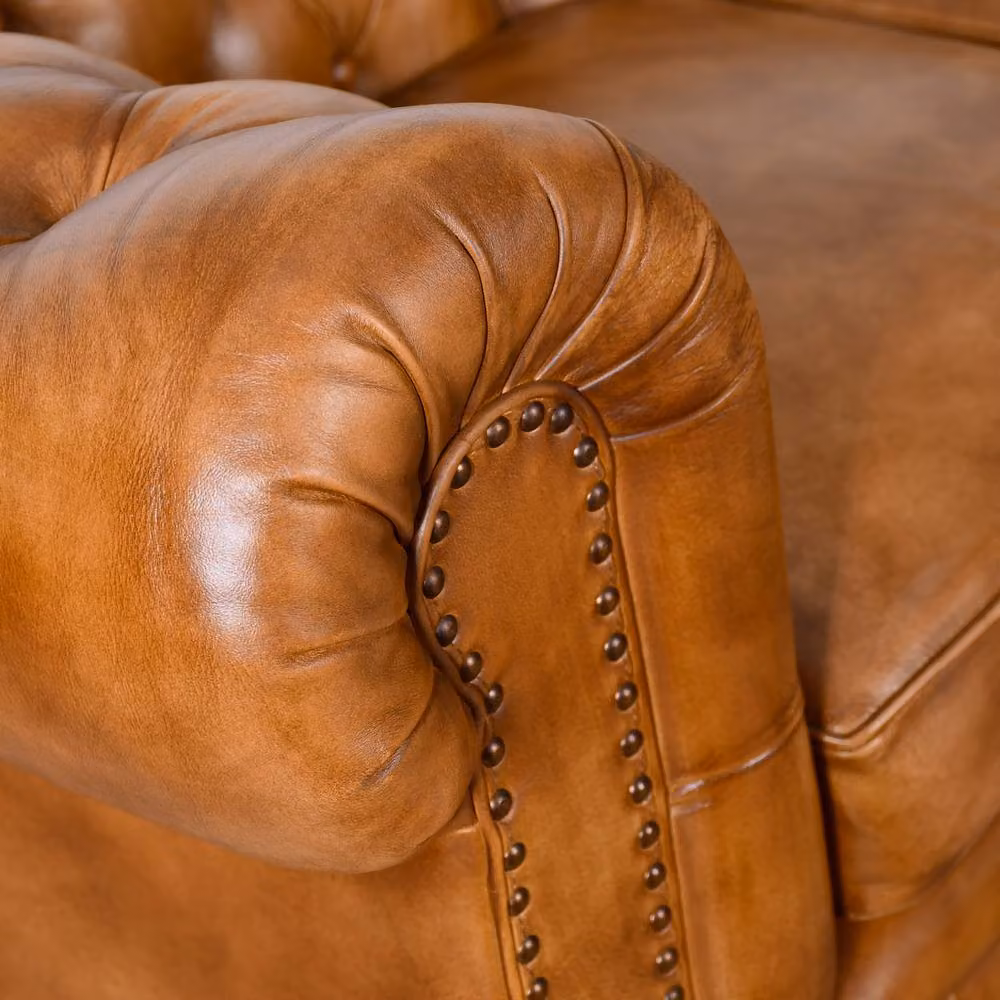 Elm Home And Garden 2 Seater Chesterfield Sofa in Brown Tan Genuine Leather with Solid Wood Frame – 4