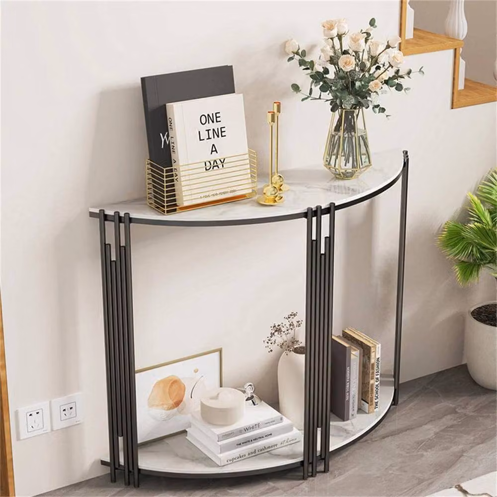 KORVIXA Modern Round Hall Console Table with Glossy Ceramic Stone Top in Black, White and Multicolour, W: 100 cm – 3