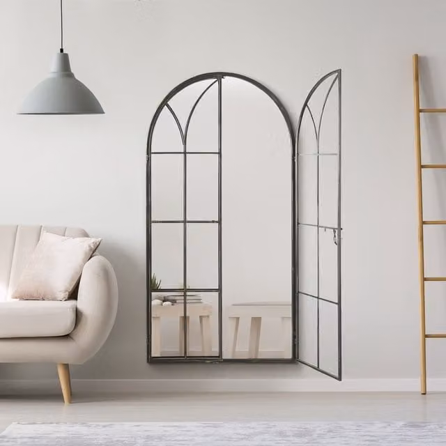 MirrorOutlet Extra Large Antique Black Metal Arch Opening Window Wall Mirror