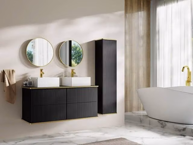 Vente-unique Modern Wall-Mounted Ribbed Bathroom Furniture with Double Countertop in Black and Gold – 1