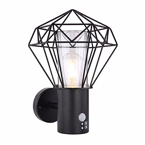 Netlighting Horace PIR Outdoor Wall Lamp Black IP44 with E27 Motion Sensor and Transparent Shade