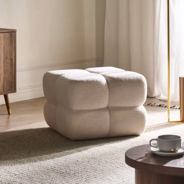 Wyld and Coco Off-White Boucle Pouffe, W/D/H: 60 x 60 x 60 cm