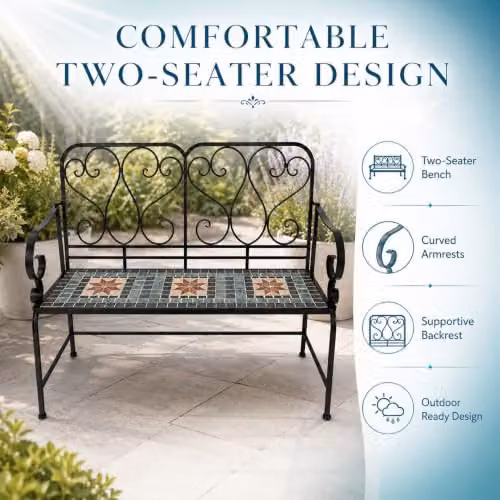 SHATCHI Marrakech 2 Seater Mosaic Garden Bench with Multicolour Geometric Ceramic Tile Seat and Lacquered Metal Frame, W: 112 cm, H: 96 cm, D: 47 cm – 6