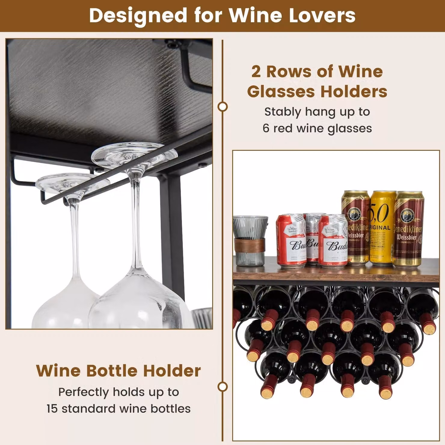 Costway 3-tier Industrial Wine Bar Cabinet with Storage Shelves and Glass Holder in Grey – 4