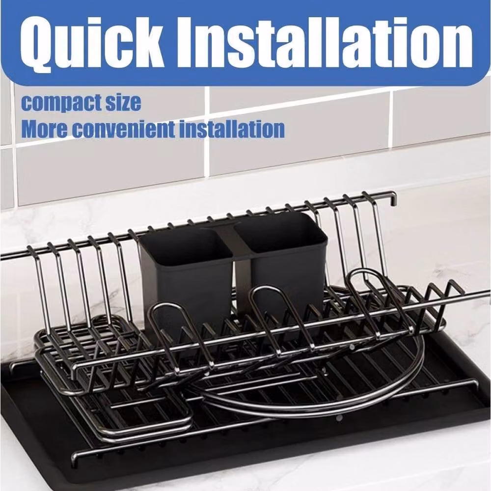 FLAVORA Black 2 Tier Steel Dish Drainer Rack with Drip Tray and Cutlery Holder – 5