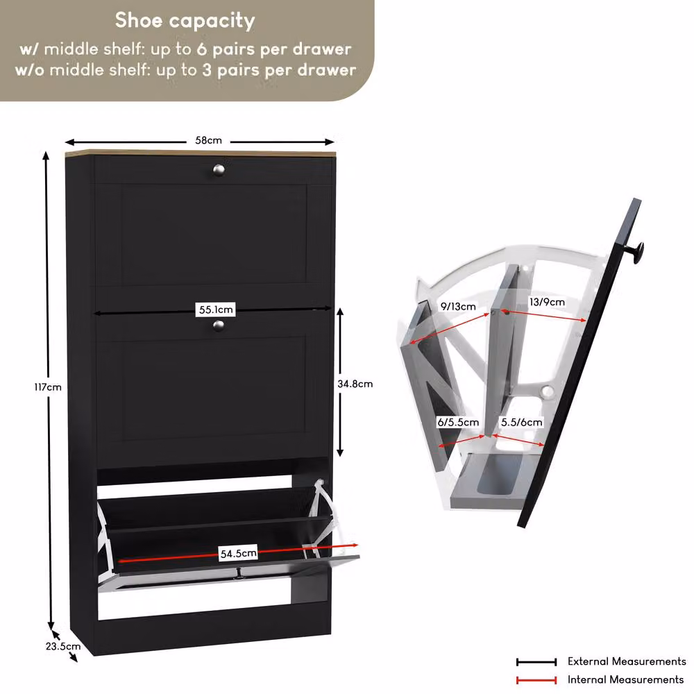 HD Designs Modern Black 3 Drawer Flip Down Shoe Cabinet with Internal Shelves and LED Lighting – 2