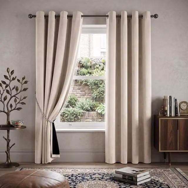 Livinluxury Velvet Look Blackout Eyelet Curtains, Beige, W: 137 cm, H: 117 cm