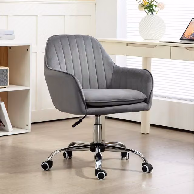 HOMCOM Grey Velvet Modern Swivel Task Chair with Armrests and Castors for Home Office