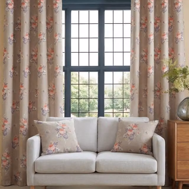 Terrys Penelope Ready Made Eyelet Curtains, Floral Pink and Beige, W: 167.64 cm, H: 182.88 cm