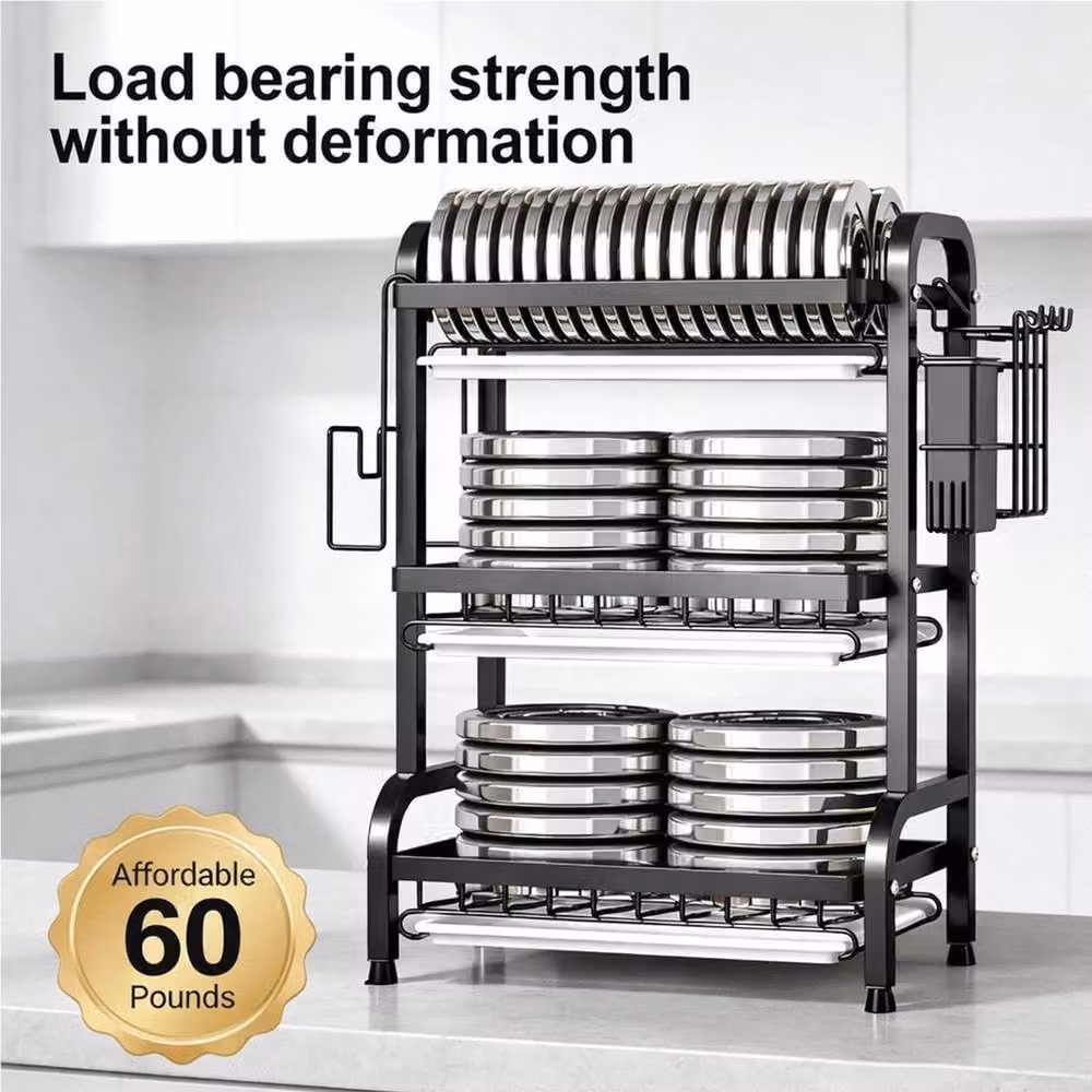 Kelvenix 3 Tier Dish Drying Rack Kitchen Drainer in Black with Cutlery Holder and Drip Tray – 5