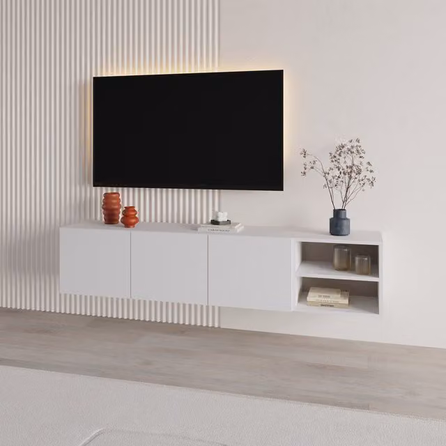 Decortie White Matt Minimalist Floating TV Stand, Width: 180 cm