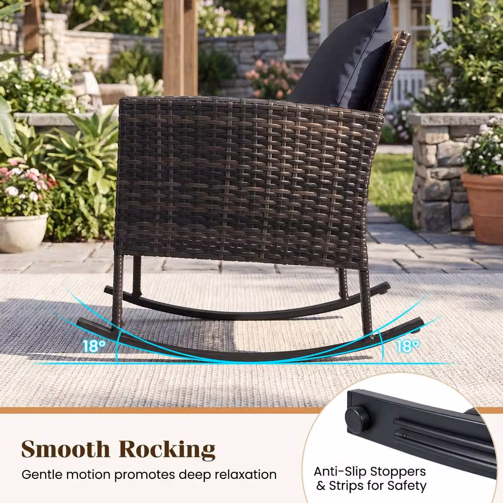 Gymax 3-Piece Grey Rattan Rocking Bistro Set with Glass Coffee Table – 6