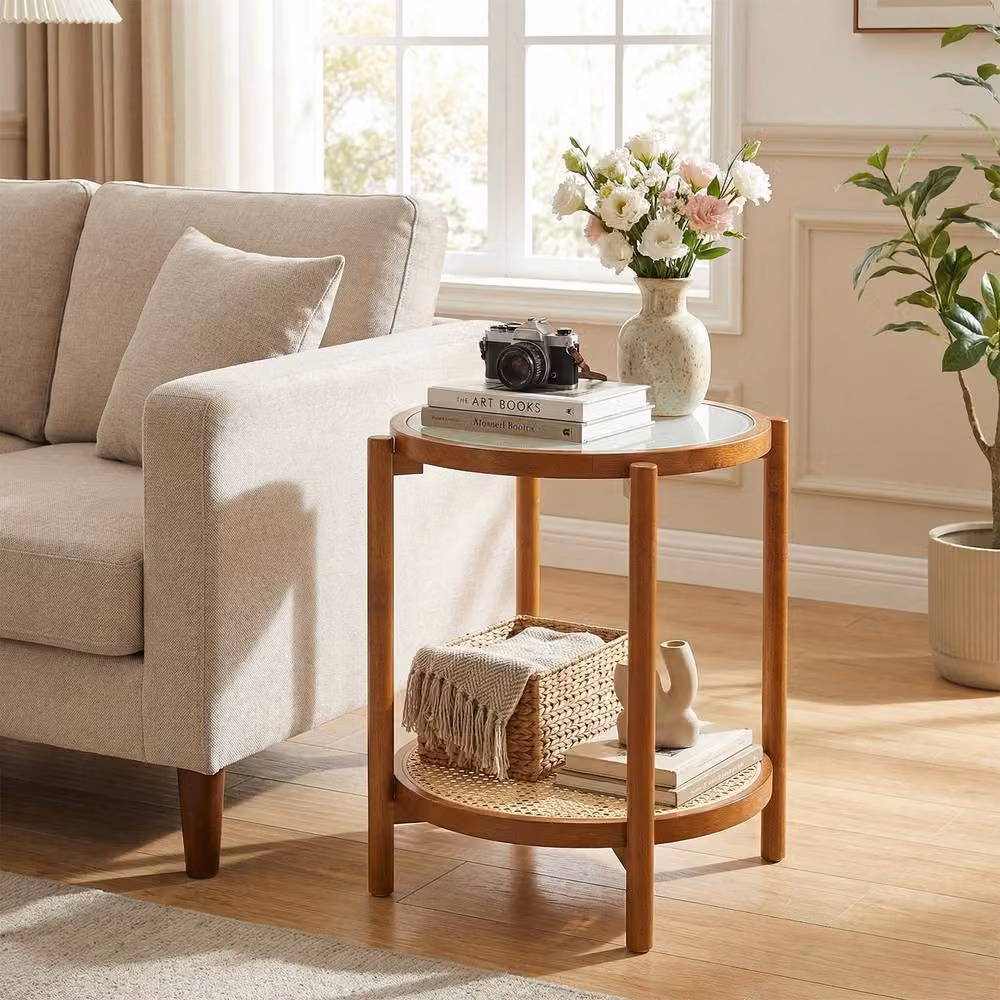 Gymax 2-Tier Round Boho Side Table in Brown Acacia Wood and Glass – 3
