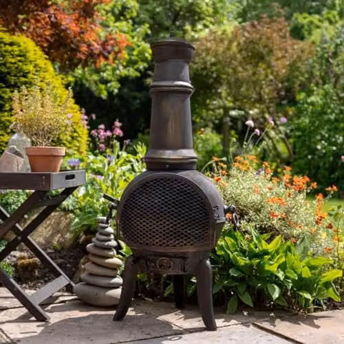 Monster Shop Cast Iron Chiminea Outdoor Patio Heater in Bronze Effect with Rain Cover and Poker, H 110 cm x W 50 cm x D 50 cm – 4
