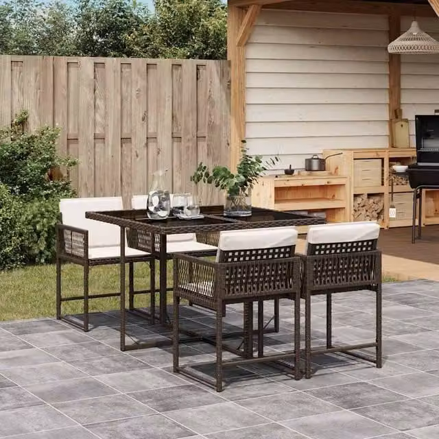 Berkfield Home 5 Piece Brown Poly Rattan Garden Dining Set with Cushions and Glass Top