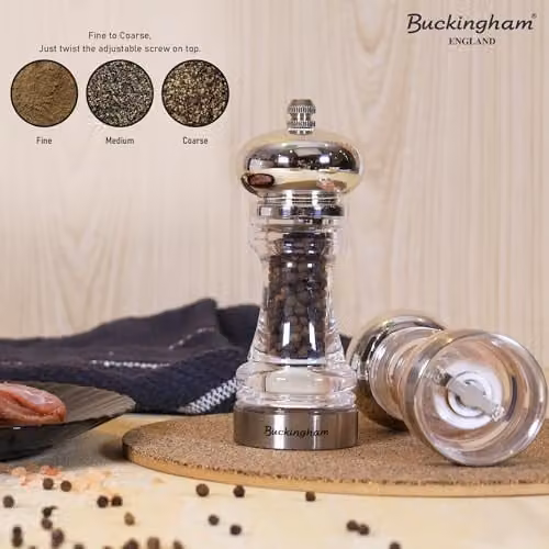 Buckingham Premium Salt and Pepper Grinder Set in Transparent Clear Acrylic with Adjustable Ceramic Grind Mechanism – 2