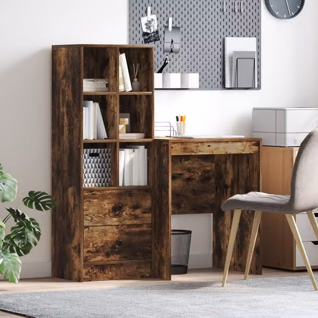 Berkfield Modern Writing Desk with Storage in Smoked Oak and Cream – 1