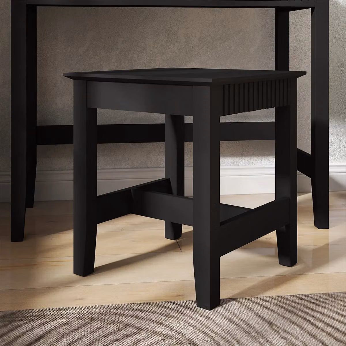 Melody Maison Hales Black Modern Dressing Table, Stool and Pair of 3 Drawer Bedside Tables in Black and Gold – 4