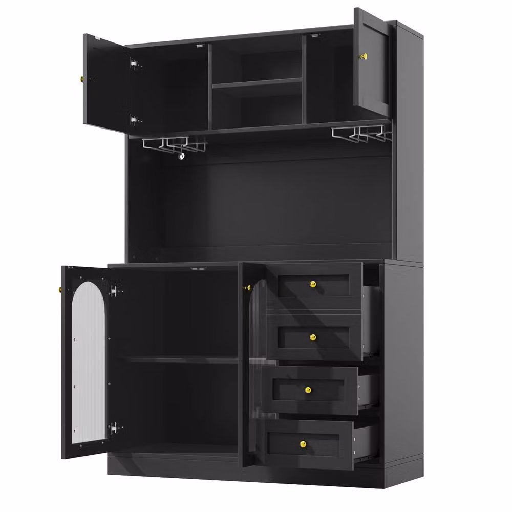 Rolipo Black Farmhouse Buffet Cabinet with LED Lighting and Fluted Glass Doors – 4
