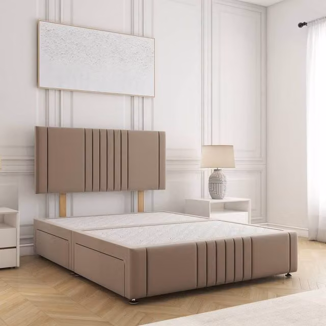 BSSPOKE Hazel King Size Divan Bed with Plush Velvet Headboard and 2 Drawers in Beige