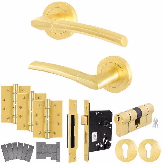 AFIT Boston Satin Brass Fire Door Handle with Euro Lock Thumbturn Cylinder in Gold, 150 x 150 mm – 1