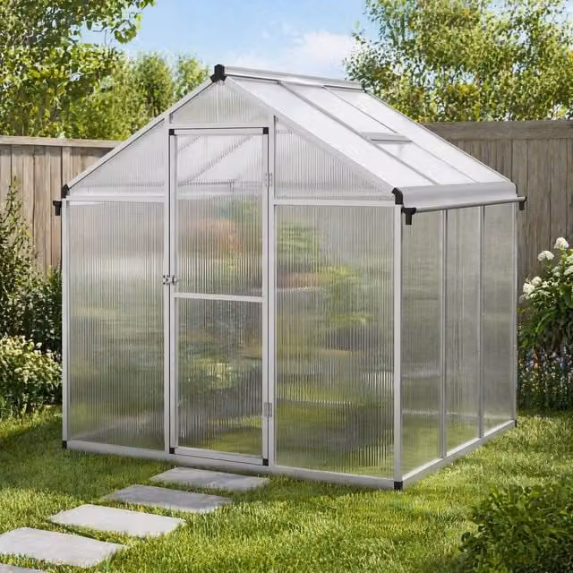 STILVORA Aluminium Greenhouse with Retractable Canopy, Curtains and Polycarbonate Windows in Transparent, W/D/H: 195 x 185 x 192 cm
