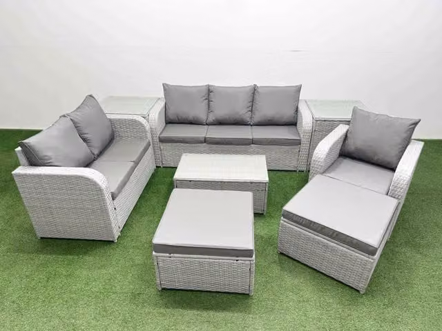 Fimous Patio 8 Seater Grey Rattan Outdoor Furniture Set with Upholstered Cushions, 3 Seater Sofa, 2 Seater Sofa, Reclining Chairs and Rectangular Coffee Table