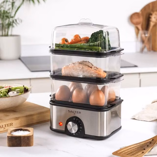 Salter Compact 3 Tier Stainless Steel Food Steamer with Timer, Silver