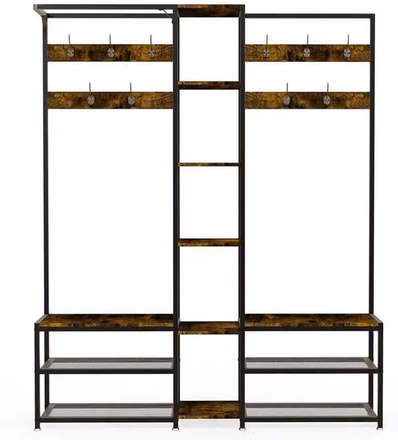 Kelvenix Large Rustic Hall Tree with Bench and Shoe Rack, Black – 1