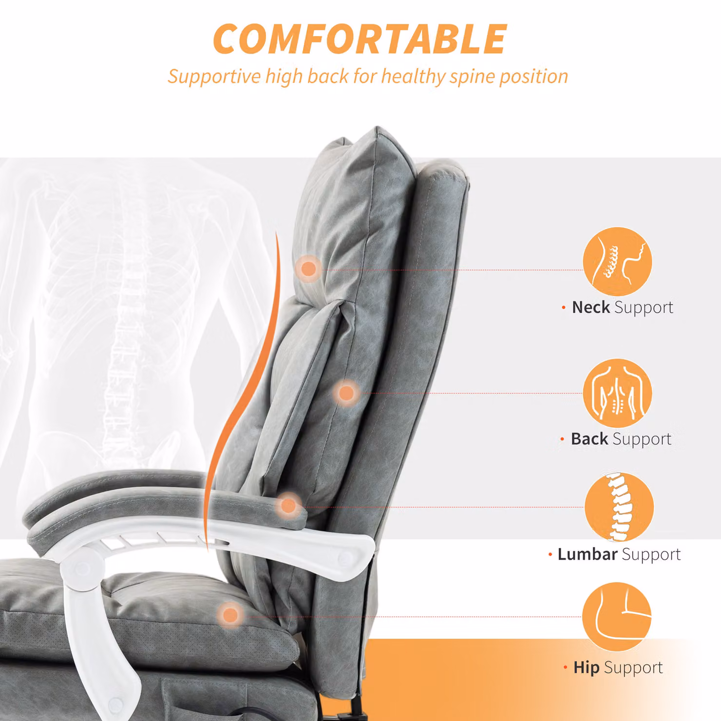 HOMCOM Grey Faux Leather Office Chair with Inflatable Lumbar Support and Headrest, W/D/H: 120 x 40 x 66 cm – 5