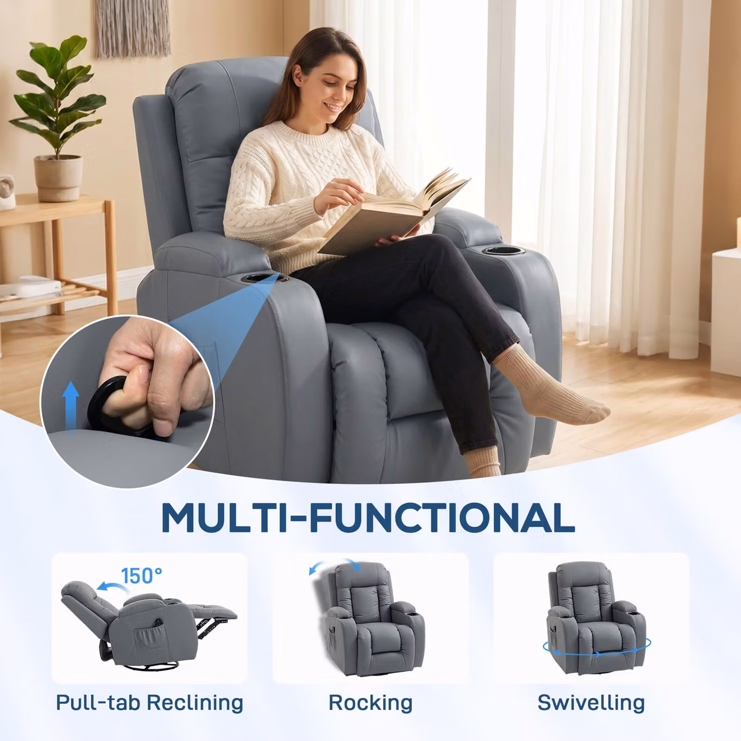 HOMCOM Grey PU Leather Massage Recliner Armchair with Swivel and Manual Lever Function – 5