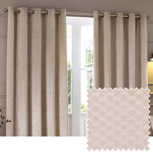 Paoletti Neptune Eyelet Curtain Pair in Champagne Velvet with Geometric Design, W: 168 cm, H: 137 cm