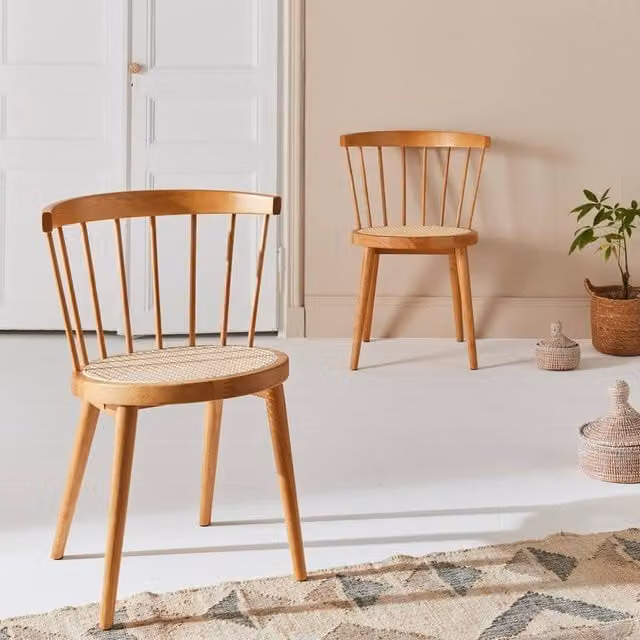 sweeek Pair of Mid-Century Rubberwood and Rattan Dining Chairs in Brown, W/D/H: 45 x 53.5 x 76 cm – 1