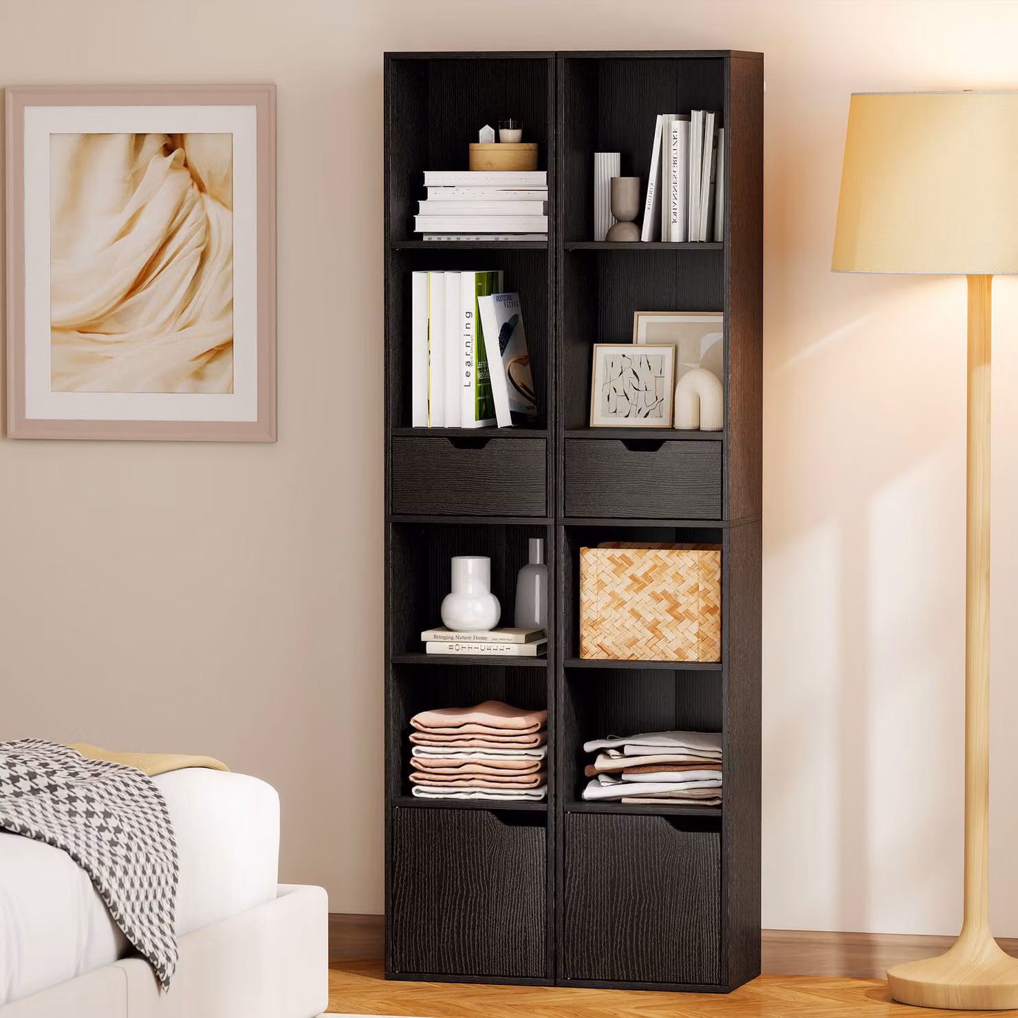 HOMCOM 6-Tier Tall Narrow Black Bookcase with Drawer and Door – 8