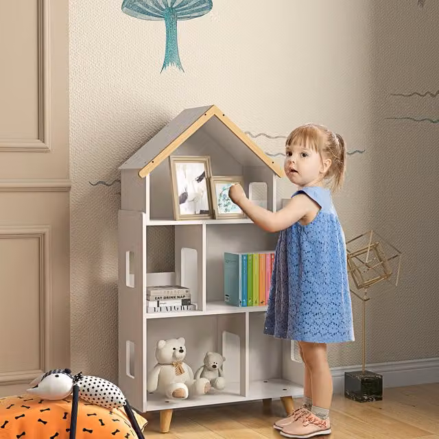 Qaba 3 Tier Childrens Toy Storage Shelf with Six Cubes in White