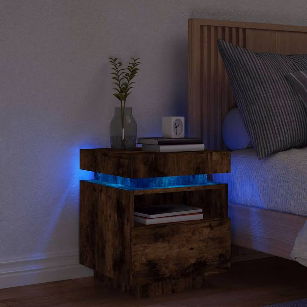 Berkfield Home Decorative Bedside Cabinet with Integrated LED Lights, Smoked Oak, Brown, W: 40 cm, D: 39 cm, H: 48.5 cm – 2