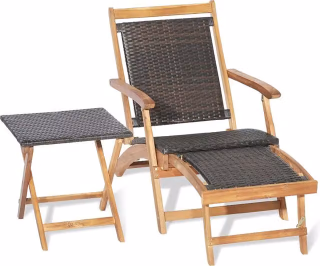 Costway Modern Brown Acacia Wood and Rattan Patio Lounge Chair and Table Set with Armrests