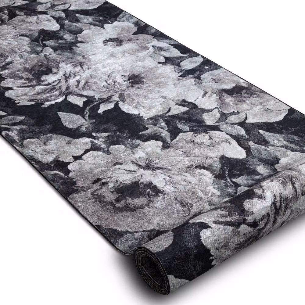 RugsX Grey Lotus Anti-Slip Floral Runner, W: 80 cm, L: 160 cm – 2
