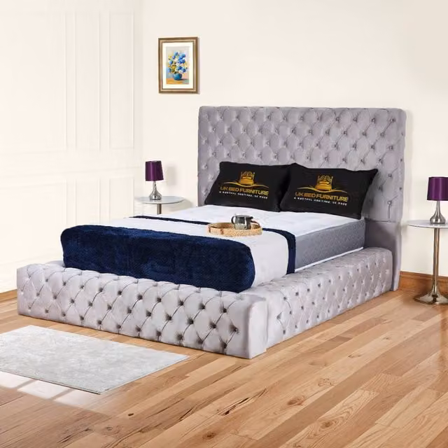 UK Bed Furniture Ambassador Ottoman Gas Lift Upholstered Velvet Bed in Silver, Size: Double (140 x 200 cm) – 1