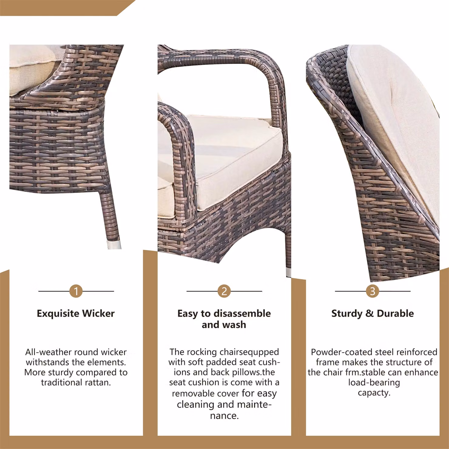 Direct Wicker 3-Piece Outdoor Garden Bistro Set with Rattan Chairs and White Concrete Side Table in Natural and Brown – 2