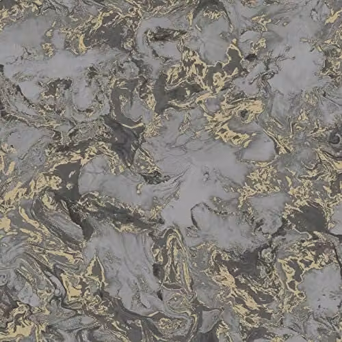 Muriva Metallic Ripple Liquid Marble Swirl Wallpaper in Charcoal Grey and Gold