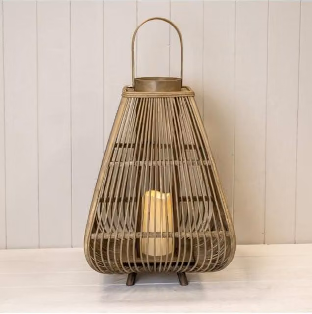 KDMD Large Round Bamboo and Rattan Tabletop Lantern with LED Pillar Candle in Brown